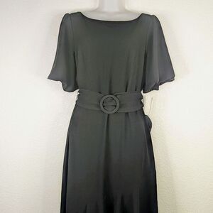 Taylor Black Asymmetrical Dress  With Belt‎ Short Flutter Sleeve NWT